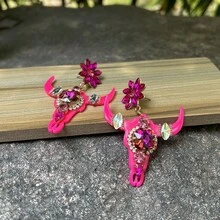 1對手工銅爪鑲嵌玻璃牛頭耳環，女款西式哥德風耳環，節慶派對飾品 - 動物 - 查看 26