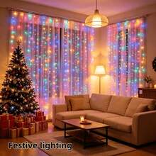 300LED USB String Curtain Lights, RGB Color-Changing Fairy Lights, With Remote Control And 8 Modes, 3*3M Hanging Window Light, Suitable For Bedroom, Christmas, Halloween, Wedding And Holiday Party Decorations. - 3m Curtain Lights - View 7