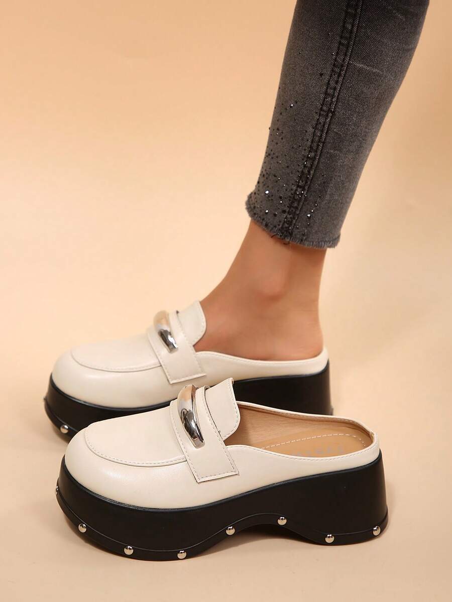 Women's Metal Strap Loafer Mule Slippers With Rivet Decor, Platform ...