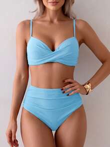 Summer Solid Color Elegant Bohemian Sweet Style Two Pieces Bikini Swimsuit Beach Vacation Set - Sky Blue - View 5