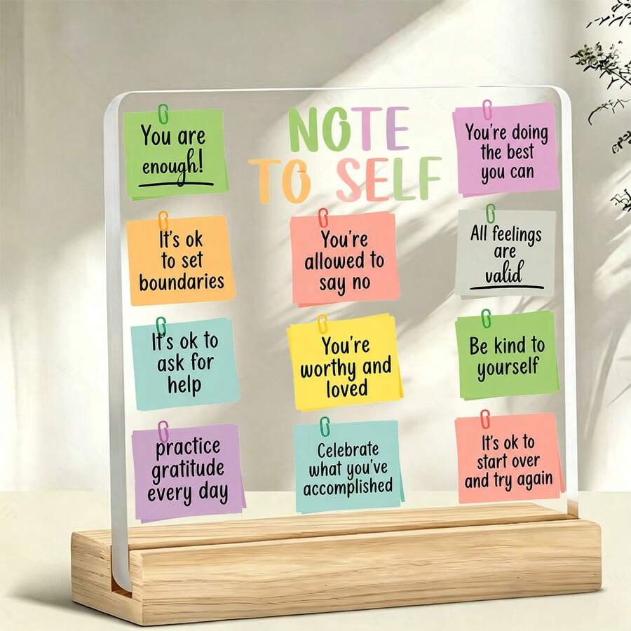 Plano 2D, 1 pieza Tarjeta de nota motivacional + Artículo decorativo con lema "NOTA PARA MÍ MISMO", Lema cálido e inspirador, Artículo decorativo de acrílico, Con base de madera, Decoración de escritorio de oficina, Suministros de escritorio de oficina. - A - Ver 1