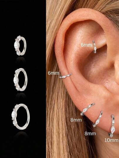 1pc 925 Sterling Silver Gold Plated Marquise Zirconia Earring, Hypoallergenic Cartilage Stud Piercing Jewelry, Suitable For Women's Daily Layering