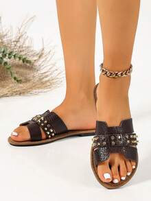 Ximi Ruo Sandalias planas tipo slide de estilo coreano casual para mujer, zapatillas de verano para exteriores con punta abierta, sandalias romanas tejidas nuevas de primavera/verano, zapatos de mujer de estilo francés de moda para combinar con faldas para salidas, playa, apartamento, zapatos planos de exterior de color marrón - Café integral - Ver 4
