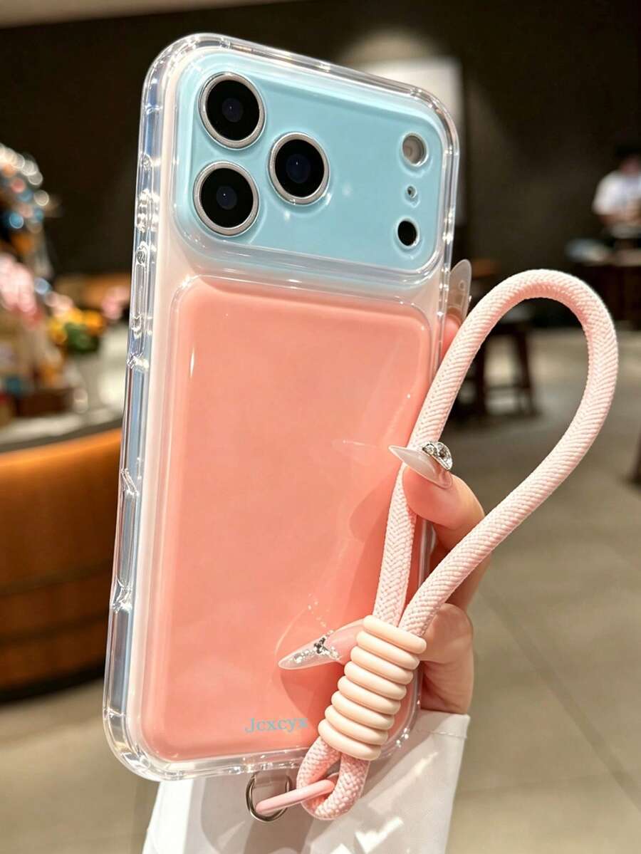 Casing Ponsel Premium Dopamine Bulge Air Cushion Color Block Pelindung Kamera Kompatibel Dengan iPhone 18 Pro Max 18 Pro 17 Pro Max 17 Pro 16 Pro Max 15 Pro Max 14 Pro Max 13 Pro Max 17 Jendela Besar Penutup Belakang Lembut Dengan Tali Gantungan Tangan - Blok warna merah muda dan biru - View 1