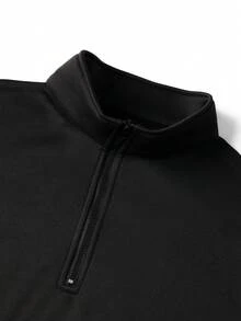 Men's Autumn/Winter Minimalist Solid Color Contrast Patchwork Loose Drop Shoulder Zip-Up Turn Collar Sweatshirt - Black - View 6