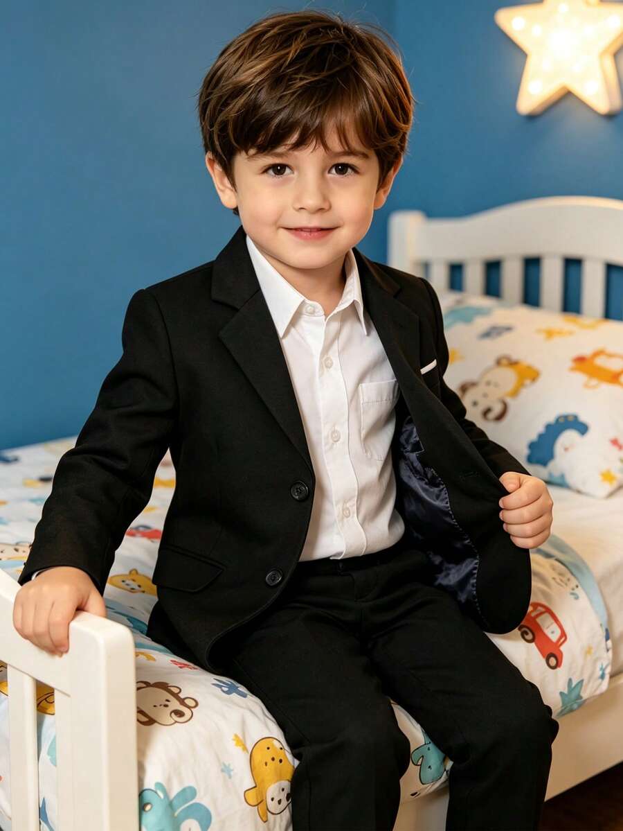 3-10 Years Old Boys' Suit Jacket With Button, Formal Lapel Blazer Set, Suitable For Birthday Party, Wedding, Anniversary Events, Black - Black - View 1
