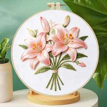 3D 浮雕百合花刺繡全套材料包，粉色/黃色/紫色 3 色可選，適合初學者的絲線刺繡套組，附圓形刺繡框，居家裝飾，節日手工禮物 - 多色 - 查看 6