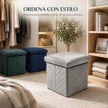 Folding Storage Ottoman 38x38x35cm, Velvet Quilted Footrest Stool With Diamond Pattern, Padded Seat For Bedroom And Living Room - 藍色 - 查看 6