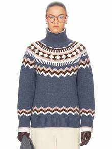 Women's Fair Isle Pattern Knit Long Sleeve Crew Neck Sweater, Medium Stretch Regular Fit, Autumn/Winter Knitwear - Blue - View 9