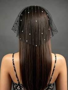 1pc Vintage Princess Rhinestone Veil Headband, Black Mesh Hair Hoop, Face Covering Hair Accessory, Women's Party Headpiece, Gothic Style Halloween - Black - View 8