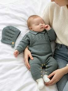 Infant Turn-Collar Cable Knit Romper With Hat Set, Solid Color Textured Sweater Jumpsuit, Newborn Open-Crotch Romper, 2 Pieces Outfit For Spring And Autumn - Dark Green - View 1