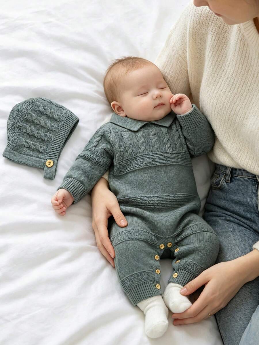 Infant Turn-Collar Cable Knit Romper With Hat Set, Solid Color Textured Sweater Jumpsuit, Newborn Open-Crotch Romper, 2 Pieces Outfit For Spring And Autumn - Dark Green - View 1