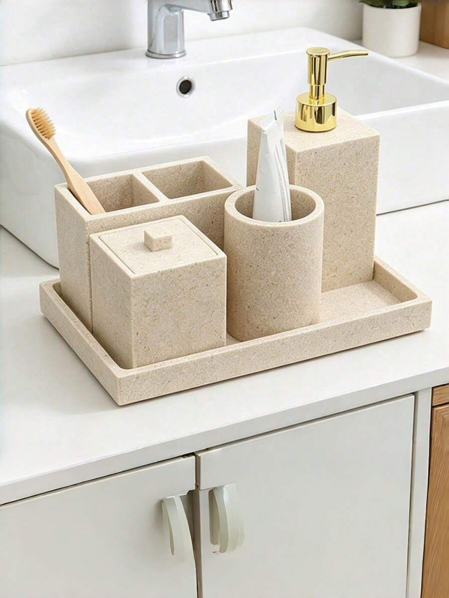 Sandstone Color Bathroom Accessories, Modern Farmhouse Style, Including Toothbrush Holder, Soap Dispenser, Tray, Tumbler And Cotton Swab Holder - Sandstone - View 1