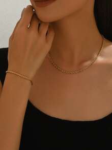 VceTd1/2PCS Minimalist Twisted Chain Design Stainless Steel Women's Jewelry Set Suitable For Women's Daily Wear Or Vacation Wear Or Gift Giving - Yellow Gold - View 3