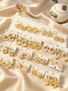 4/8/16/24pcs Minimalist Geometric Cream Beige Gold Stainless Steel Earrings - Multicolor - View 2