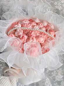 2PCS 12cm Encrypted Pleated Beaded Tulle Lace Ribbon, Floral Packaging Ribbon, Bouquet Satin Ribbon, Shiny Pearl Wave Tulle Ribbon - White - View 3