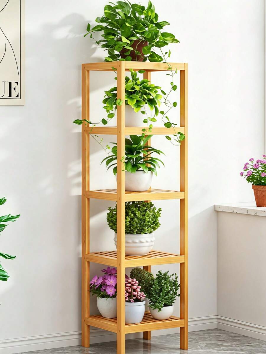 5-Tier Square Bamboo Storage Rack, Corner Storage Shelf Sized 36*33*144cm, Stable Multi-Purpose Organizer, Space-Saving Multi-Layer Shelving Unit, Suitable For Storing Living Room Books, Balcony Plants And Other Daily Supplies.