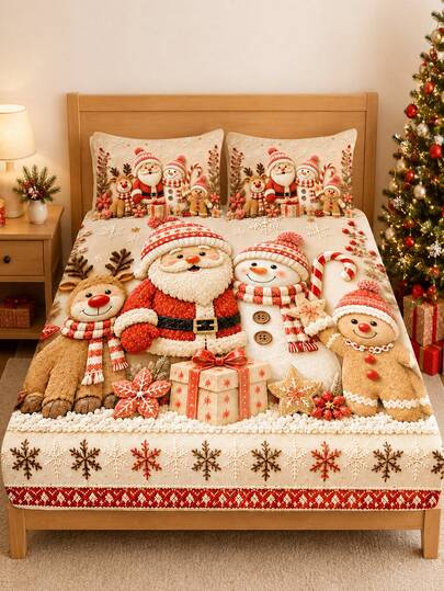 3pcs Christmas Cartoon Santa Claus Snowman Reindeer Print Bedding Set, (1PC Fitted Sheet + 2pcs Pillowcases, Pillow Inserts Not Included,) Polyester Digital Print, Cute Snowman Santa Claus Reindeer Penguin Theme Bedroom Decor, Machine Washable, Bedroom Holiday Home Textiles