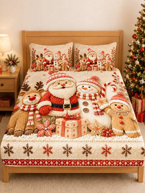 Juego de ropa de cama de 3 piezas con estampado de Papá Noel, muñeco de nieve y reno de dibujos animados navideños, (1 sábana bajera + 2 fundas de almohada, sin rellenos de almohada incluidos,) estampado digital en poliéster, decoración de dormitorio con tema de muñeco de nieve, Papá Noel, reno y pingüino, lavable a máquina, textiles para el hogar de vacaciones