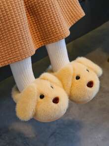 1 Pair Boys & Girls Plush Slippers, Dog Ear Design, With Plush Lining, Anti-Slip Soft Rubber Sole, Suitable For Toddlers And Children Indoor Warm Home Slippers - Yellow - View 3