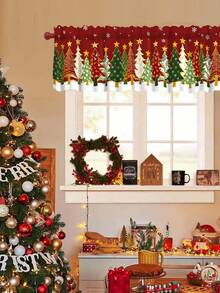 1pc Christmas Tree Curtain Valance, Christmas Tree Pattern, Polyester Material, Rod Pocket, Suitable For Kitchen, Living Room, Bedroom, Christmas Kitchen Decor, Home Holiday Decoration - Green - View 5