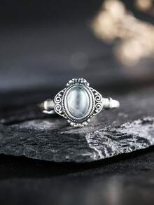 100% 925 Sterling Silver Natural Moonstone Women's Ring, Classic Fashion Adjustable Band Ring Jewelry Gift - Antique Silver - View 9