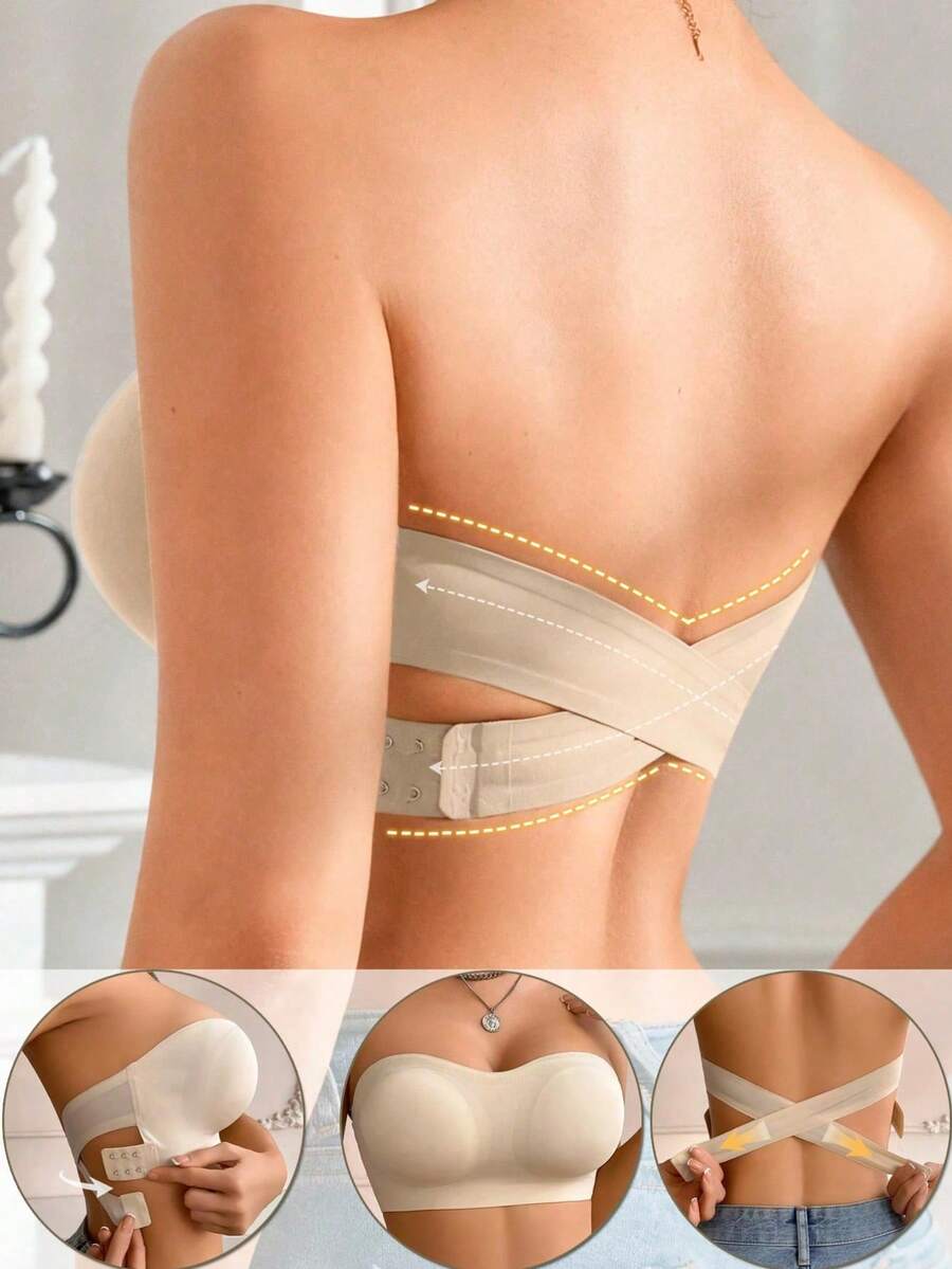 Women's Seamless Wireless Strapless Bandeau Bra, Cross-Side Hook Tube Top With Soft Padding, Breathable Comfortable Daily Lingerie - Coffee Brown - View 1