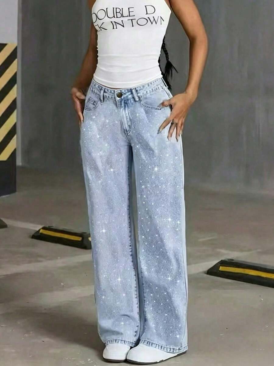 Jeans de mezclilla azul claro con adornos de strass de moda para adolescentes - Lavado ligero - Ver 1
