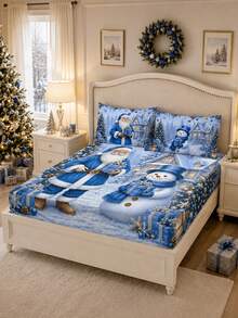 3PCS Christmas Cartoon Snowman & Santa Claus Bed Sheet & Pillowcase Set, (1PC Bed Sheet + 2pcs Pillowcases, Pillow Inserts Not Included,) Polyester Digital Print, Christmas Theme Pattern, Cartoon Warm Christmas Non-Slip Bedding Set, Machine Washable, Bedroom Holiday Home Textile - Multi-color 3 - View 5