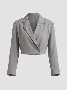 Women's Short Blazer & Wide Leg Pants 2 Pieces Set, Loose Fit Hidden Button Notch Lapel Office Casual Outfit - Grey - View 6