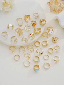 Random 6/16/23pcs Fashion Old Money Style Rings Set, Vintage Old Money Style Irregular Geometric Pattern Faux Tiger Eye Stone Colorful Rhinestone Oil Drop Heart Flower Rings, Stackable Knuckle Rings, New Autumn/Winter Accessories Jewelry, Women's Daily Wear, Date, Party, Versatile Accessories Jewelry, Perfect Gift For Birthday, Female Friends, Halloween, Christmas - Yellow Gold - View 2