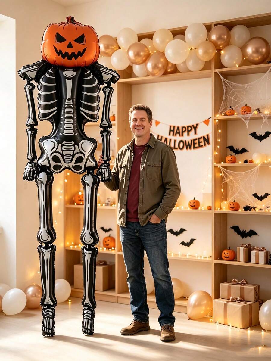 1pc 254cm Oversized Pumpkin Skeleton Inflatable Balloon, Can Stand Up To 100 Inches After Inflation. Suitable For Outdoor Yard Decoration, Party Decoration, Christmas And Halloween Holiday Decoration - View 1