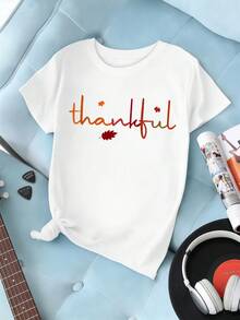Women's "Thankful" Print T-Shirt, High Quality Fabric, Comfortable Fit, Casual, Graphic Design. - White - View 2