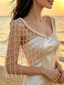 Elegant Beaded Mesh Shawl Cover-Up, Faux Pearl Shoulder Wrap Body Accessory, Suitable For Beach Vacation, Nightclub - White - View 6