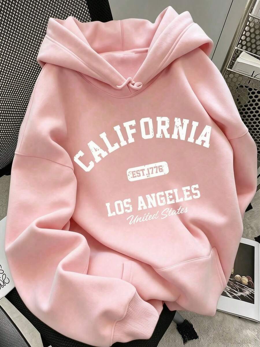 Women's Hooded Sweatshirt, Autumn/Winter New Graphic & Letter Print, Drawstring Design, With Pockets, Casual Versatile Loose Fit Top, Fashion Fall - Light Pink - View 1