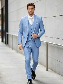 Men's 3-Piece Linen Elegant Suit, Solid Color Slim Fit Business Single-Breasted Wedding Jacket Vest Pants Set, Old Money Style, Suitable For Balls And Parties - Baby Blue - View 2