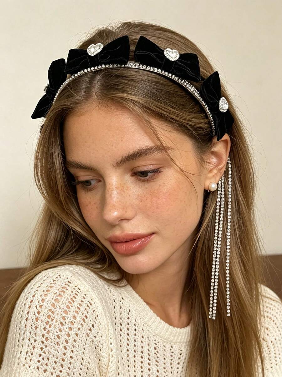 1pc Black Velvet Bow Heart Rhinestone Tassel Headband, Luxury Rhinestone Chain Headband For Women, Party & Banquet Hair Accessory - Multicolor - View 1