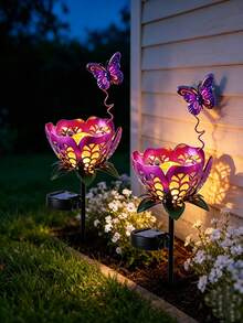 1pc Purple Hollow Flower Solar Ground Light, Butterfly Decor Cracked Glass Solar Garden Light, Waterproof Warm White LED Landscape Light, Suitable For Lawn, Pathway, Backyard, Patio, Villa, Wedding Outdoor Decoration - Multicolor - View 1