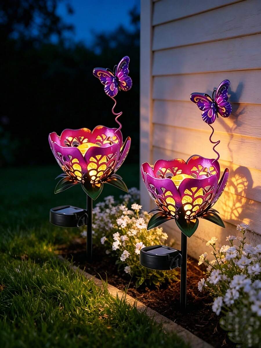 1pc Purple Hollow Flower Solar Ground Light, Butterfly Decor Cracked Glass Solar Garden Light, Waterproof Warm White LED Landscape Light, Suitable For Lawn, Pathway, Backyard, Patio, Villa, Wedding Outdoor Decoration - Multicolor - View 1