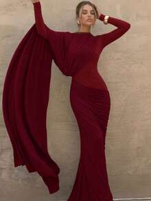 Solid Color Elegant Contrast Mesh Draped Evening Gown For Party And Formal Dinner - Burgundy - View 4