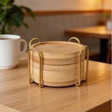 6pcs Bamboo Coaster Set With Holder - Natural Wood Coasters Waterproof Heat-Resistant Suitable For Home/Bar/Kitchen Decor - Wood Color - View 3