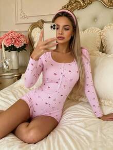 1件女款蝴蝶結印花連身褲 - 粉色 - 查看 4