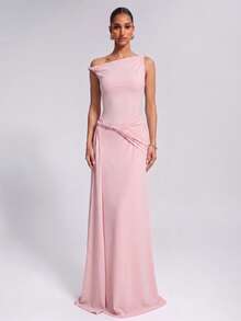 Elegant Blush Pink One Shoulder Dress Women Sleeveless Draped Maxi Dress For Wedding Guest Prom Summer Vacation Going Out Graduation - Baby Pink - View 3