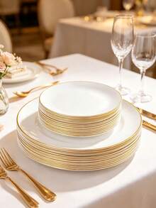25pcs 7.5 Inch And 10.25 Inch White Gold Rim Plates, 2 Sizes Available, Reusable And Washable, Perfect For Home, Hotel, Birthday, Outdoor And Various Party Events - White - View 1