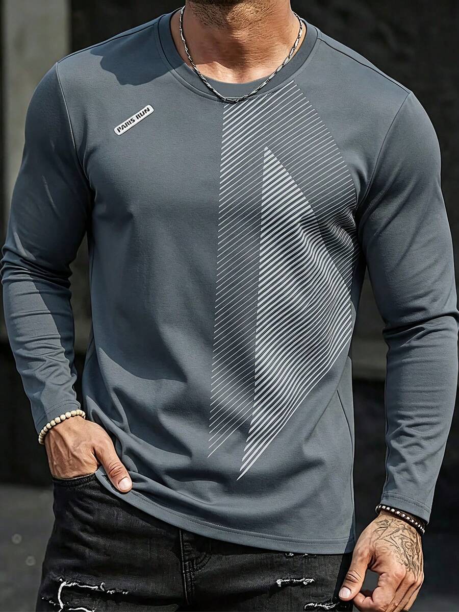 Men's Striped Print Long Sleeve Sports T-Shirt - Outdoor Fitness Long Sleeve Top - Grey - View 1