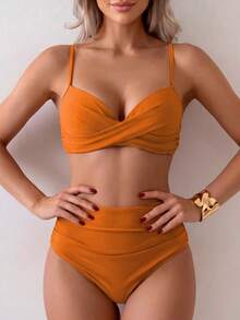 Summer Solid Color Elegant Bohemian Sweet Style Two Pieces Bikini Swimsuit Beach Vacation Set - Orange - View 5