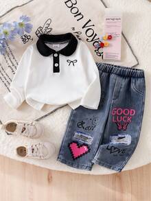 Baby Girl 2pcs Set, Contrast Color Lapel Button Bow Ribbed Long Sleeve Pullover Top + Letter Distressed Butterfly Print Denim Pants - White - View 1