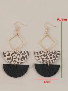 1 Pair Vintage Sexy Leopard Print & Black Half-Circle PU Leather Earrings, Metal Rhombus Geometric Patchwork Pendant Earrings - Multicolor - View 2