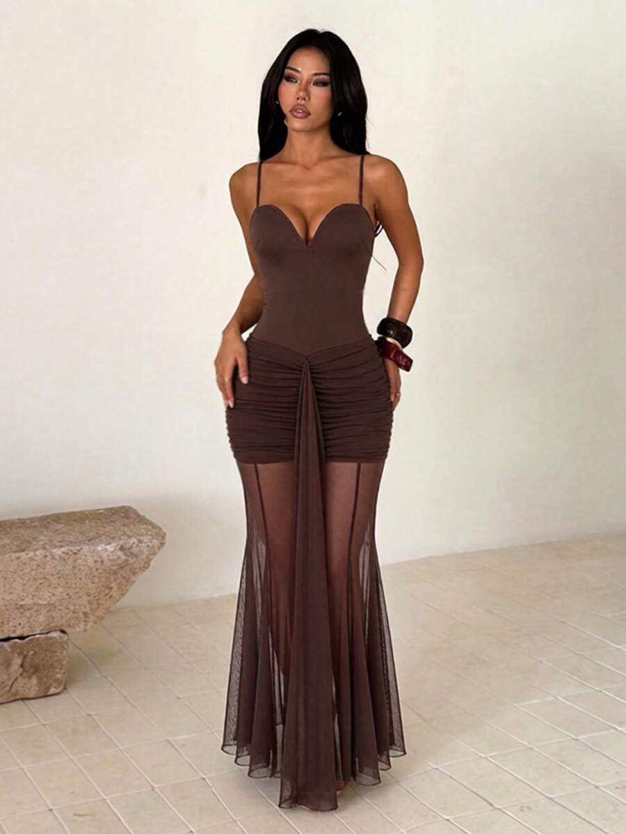 1pc Solid Color Elegant Knit Fabric Sheer Dress Beach Summer - Brown - View 1