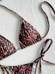 Leopard Print Backless Lace Up Bikini Three Pieces Set Ruffle Edge Dress,Sexy Elegant Women's Summer Casual Beach Vacation Party Fashionable Swimwear - Brown - View 4